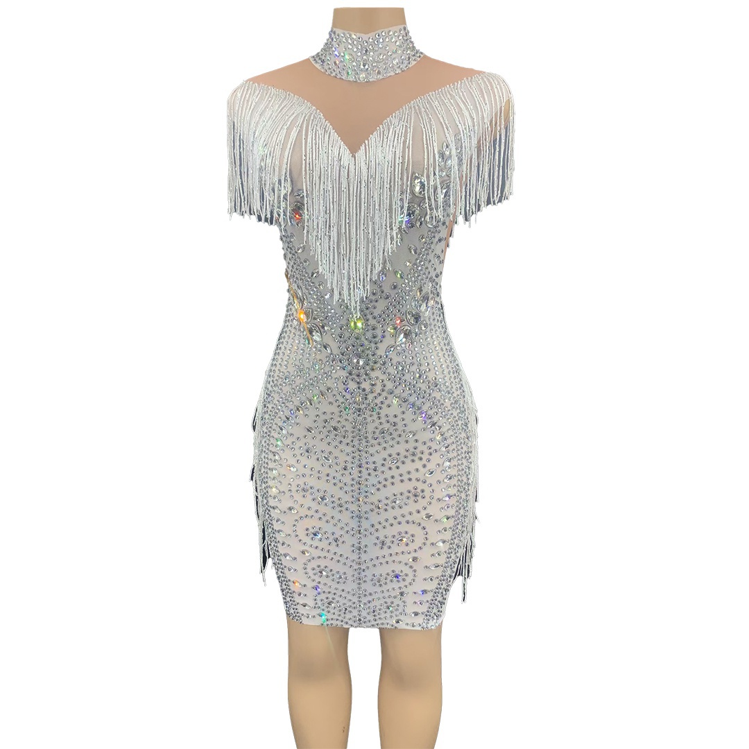 GOOSHOE Sleeveless Sheer Layer See Through Rhinestone Tassel Club Prom Dress Women Bodycon Dresses Plus Size