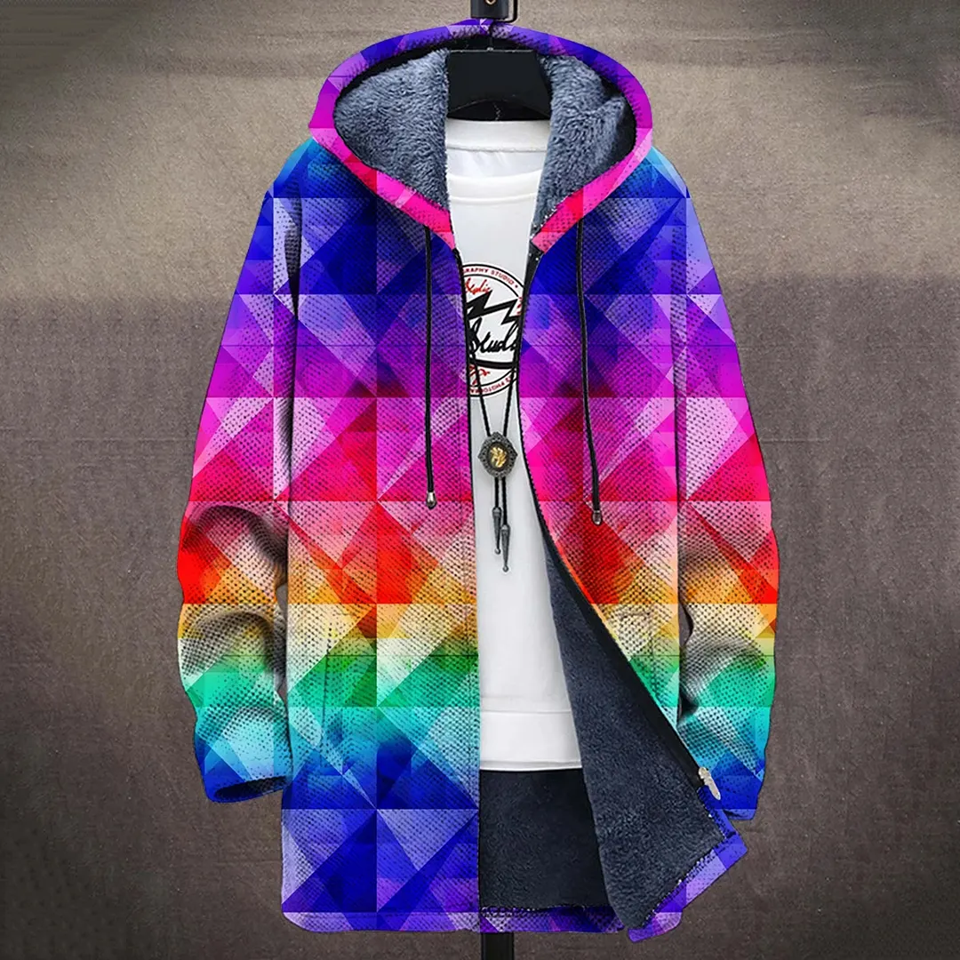Rainbow Colors Gradient Art Pattern Plush Thick Long-Sleeved Sweater Coat Cardigan