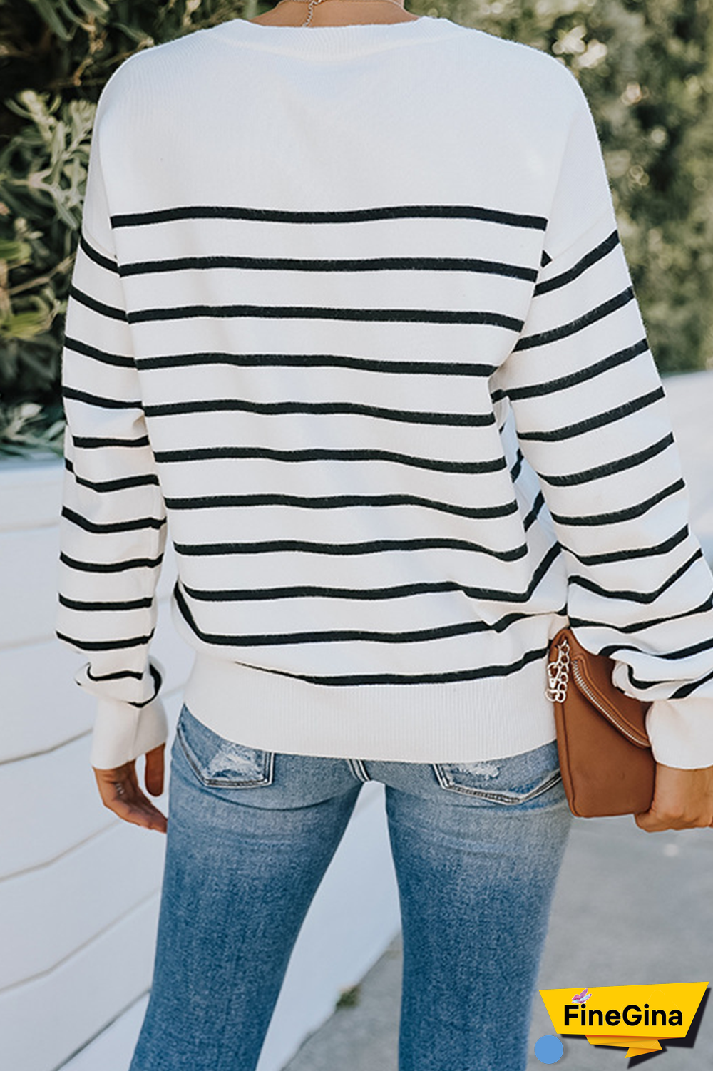 Street Striped Buckle O Neck Tops