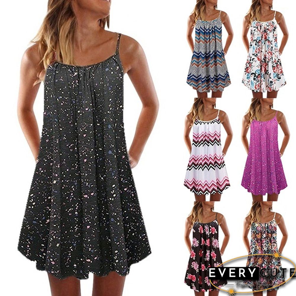 Summer Fashion New Sleeveless Casual Long Dress For Women Spaghetti Strap Flower Print Dresses Knee-length Sling Casual Dress Plus Size