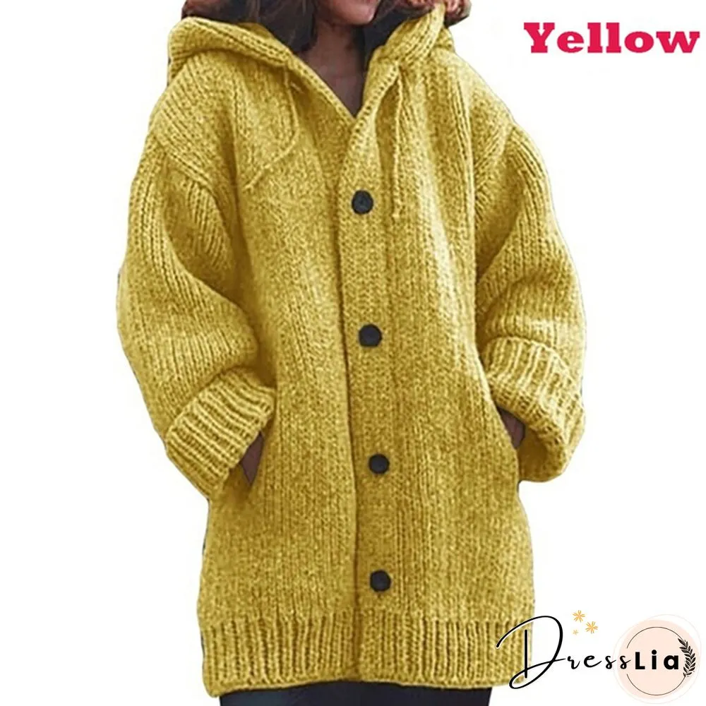 Women Fashion Mid-length Button Up Knitted Cardigan Jackets Ladies Casual Autumn and Winter Hooded Sweater Coats Strickjacke Damen