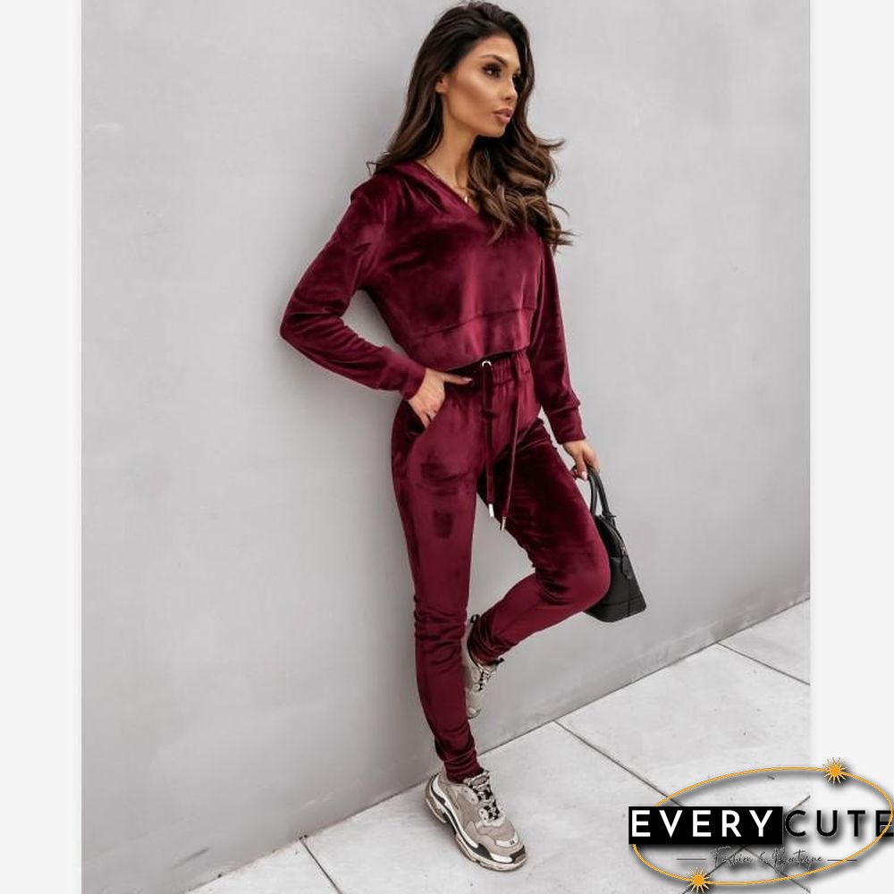Wine-Red Women Velvet Fashion Hoodie&Pants Suit