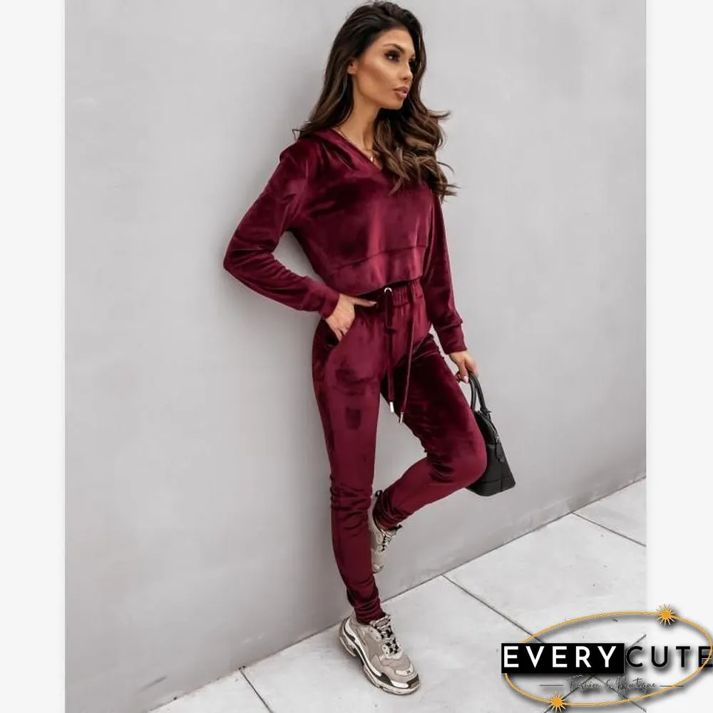 Wine-Red Women Velvet Fashion Hoodie&Pants Suit