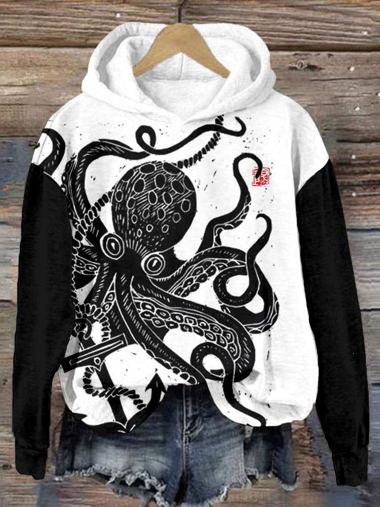Octopus Japanese Lino Art Contrast Cozy Hoodie