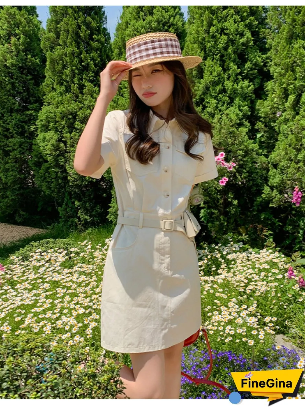 Safari Style Slim Fit Dress Women Summer Vintage Khaki Dresses With Waist Bag Female Button Cowboy Vestidos Mujer
