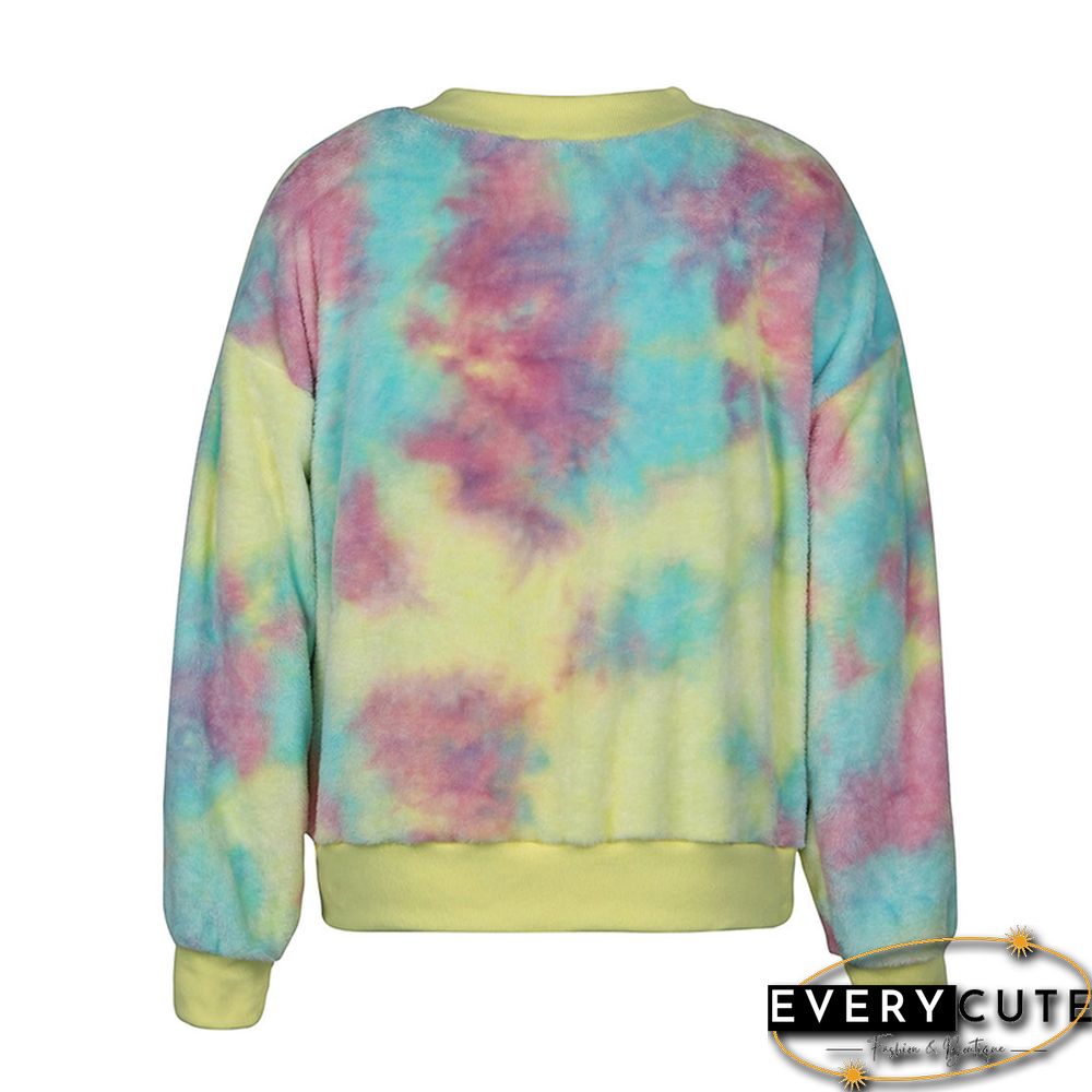 Yellow Zipper Up Tie Dye Print Plush Coat