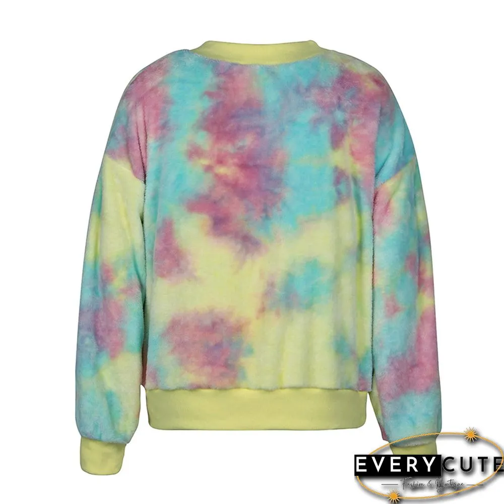 Yellow Zipper Up Tie Dye Print Plush Coat