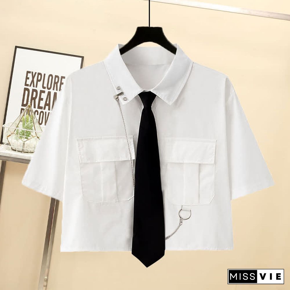 Chic Pocket Lapel Tie T-Shirt Casual Chain Cargo Shorts Pants