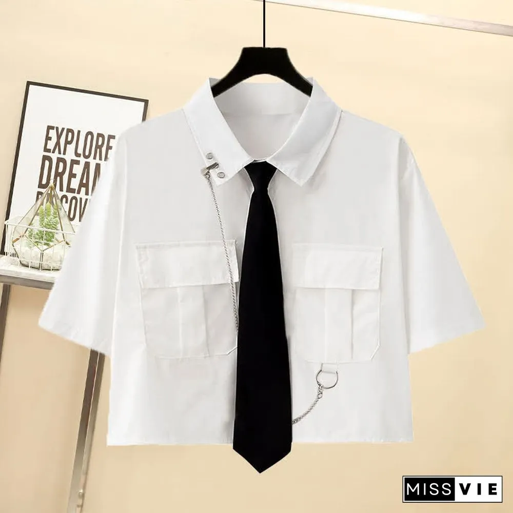 Chic Pocket Lapel Tie T-Shirt Casual Chain Cargo Shorts Pants