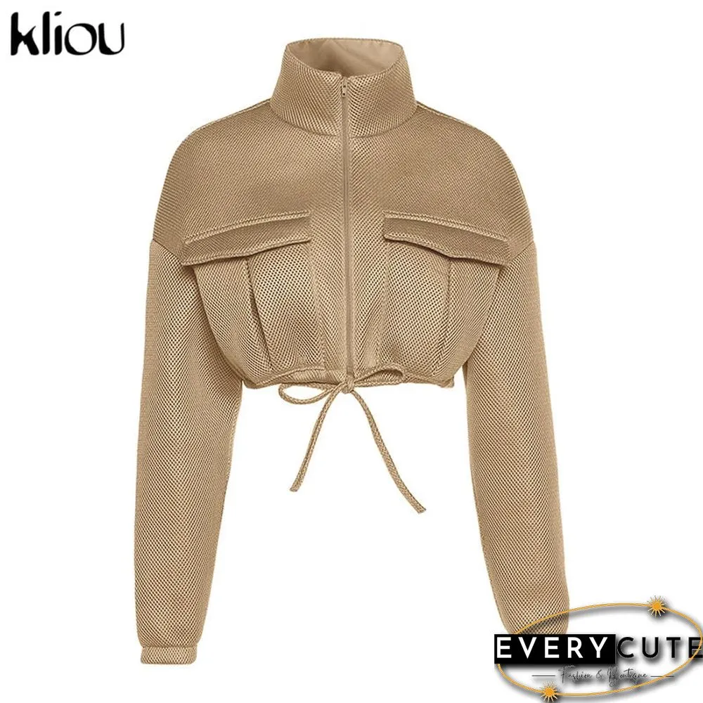 Kliou Mesh Plaid Autumn Spring Coat Women Trend Turtleneck Zipper Pocket Crop Jacket Solid Slim Drawstring Female Outerwear Hot