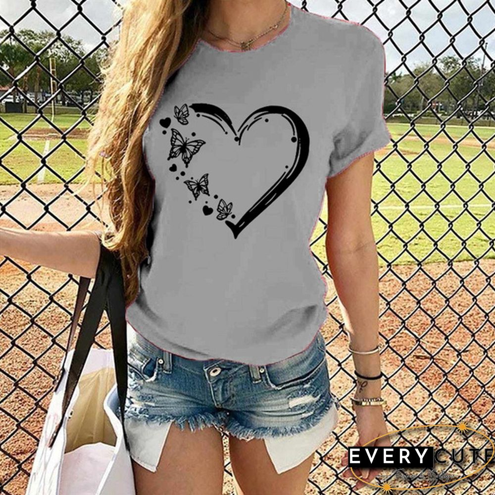 New Ladies Heart-shaped Print Short-sleeved T-shirt Fashion Round Neck T-shirt Womenu3002