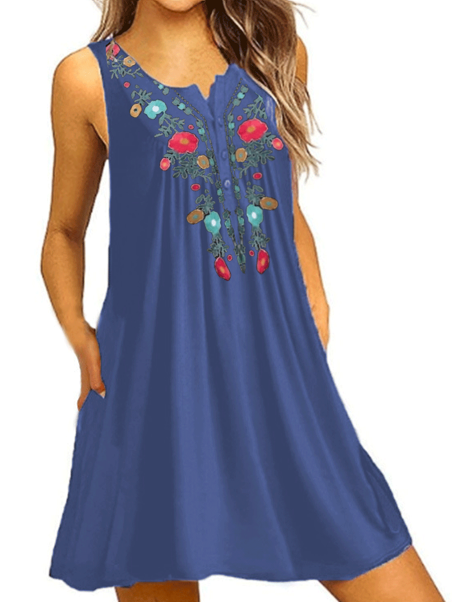 Print Button Pleated Dress
