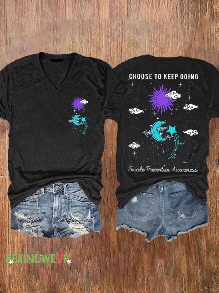 Women&rsquo;s Choose To Keep Going Suicide Prevention Awareness Print V-Neck T-Shirt Black / S