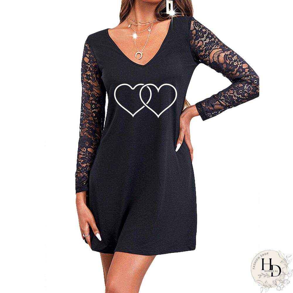 V Neck Three Heart Lace Sleeve Shift Dress