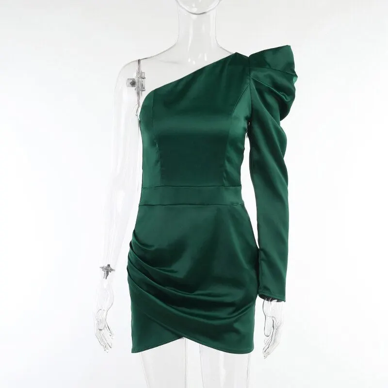 WannaThis One Shoulder Green Mini Dresses For Women Satin Elegant Autumn 2021 Vintage Sexy Ruched Clubwear Party Female Vestidos