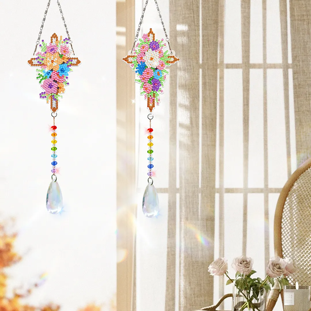 2Pcs Flower Cross DIY Acrylic Diamond Painting Art Wind Chimes with Crystal Pendant Diamond Art Hanging Pendant Double-Sided for Adults Beginners Gift Home Garden Decor