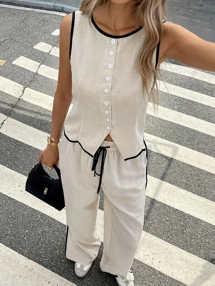 ⌛Women's Contrast Binding Sleeveless Tank & Drawstring Waist Pants Two-piece Set