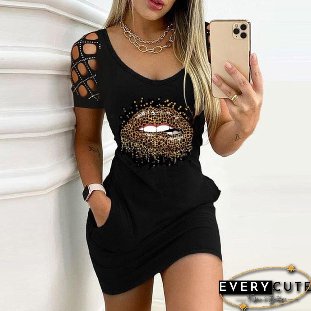Elegant Rose Print Pocket Mini Dress Women Summer Casual O-Neck Short Sleeve Party Dress Lady Sexy Hollow Out Dress Vestido