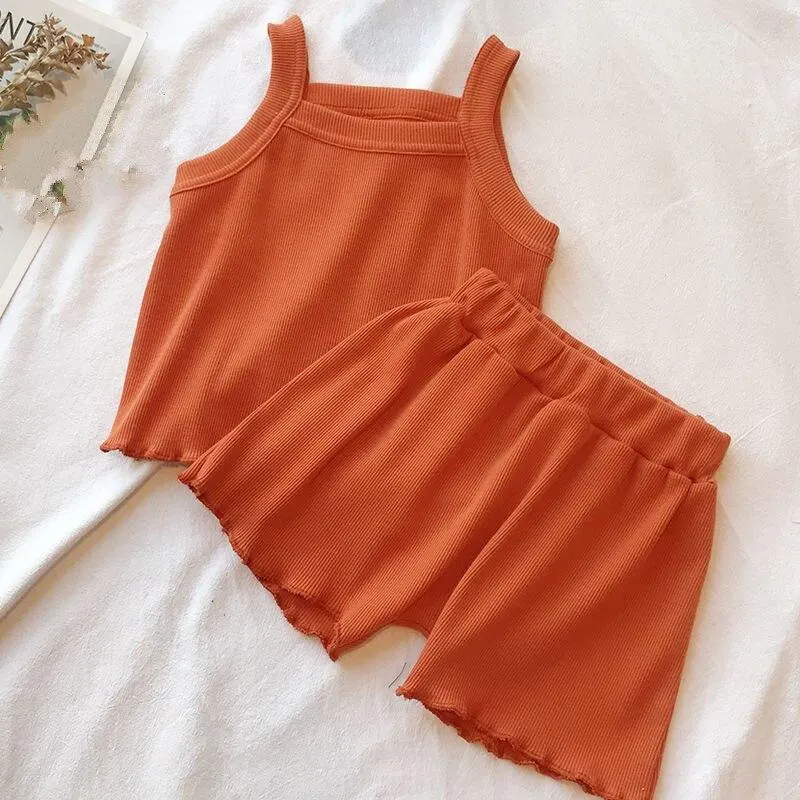 Baby Girls Suspender Vest T-Shirt Shorts Pants 2Pcs Sleeveless Summer 1 2 3 4 5 Year Toddler Kids Outfits Children Clothing Set