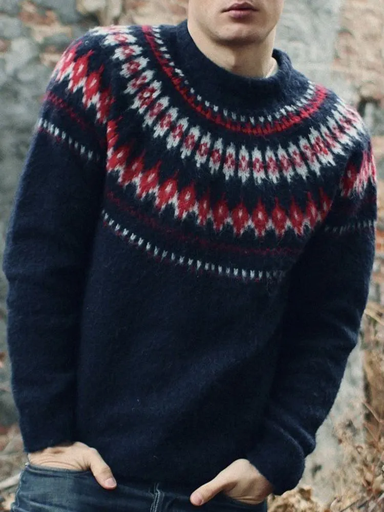 Men's Vintage Contrast Patchwork Fairman Island Knit Jacquard Crew Neck Sweater