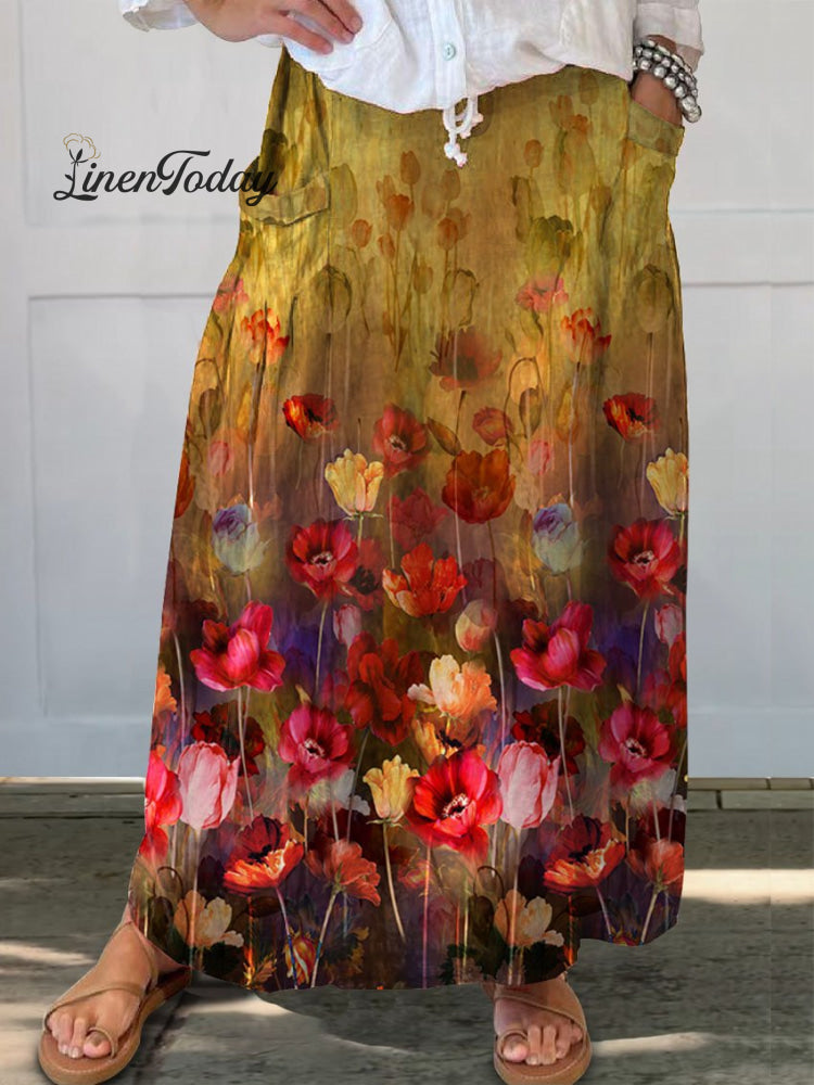 Women&rsquo;s Retro Floral Art Print Linen Pocket Skirt Multicolor / S