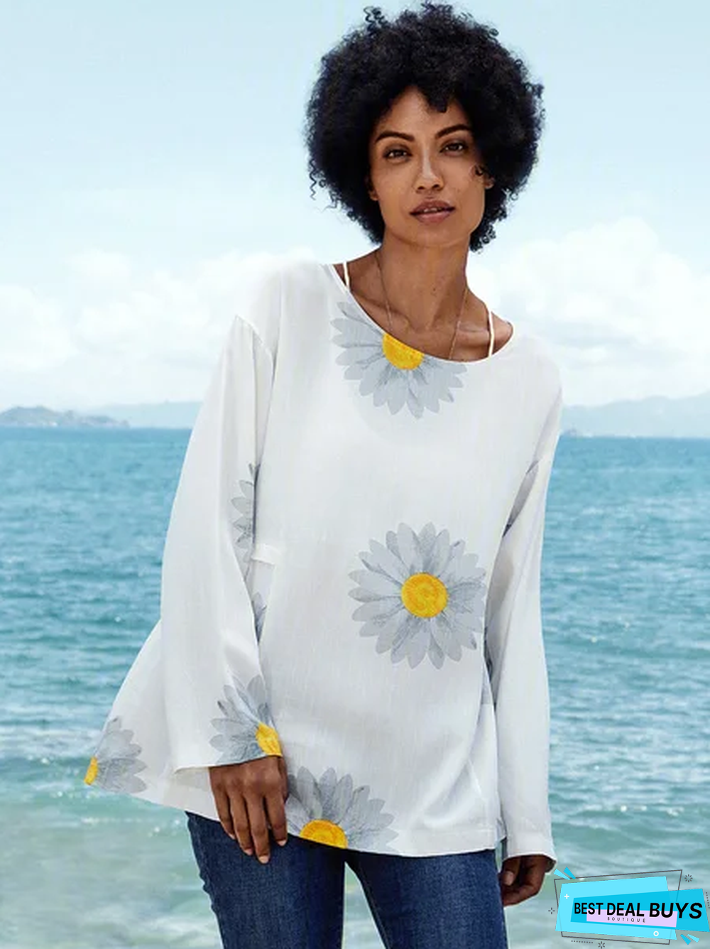 Floral Crew Neck Loose Cotton-Blend Tunic Sweatshirt