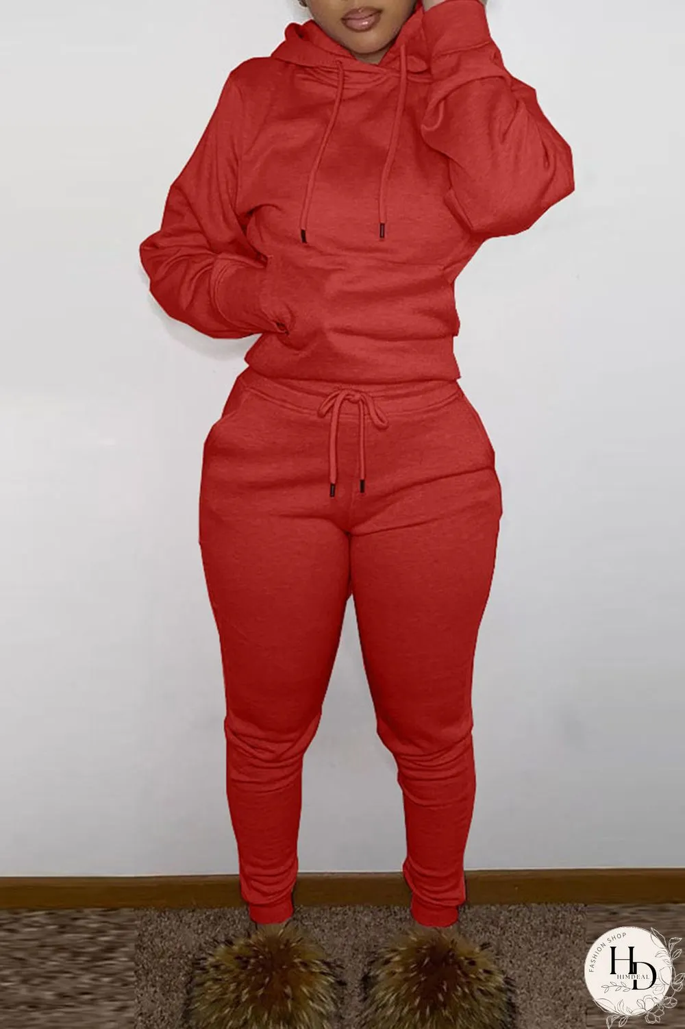 Red Fashion Casual Solid Basic Hooded Collar Long Sleeve Two Pieces