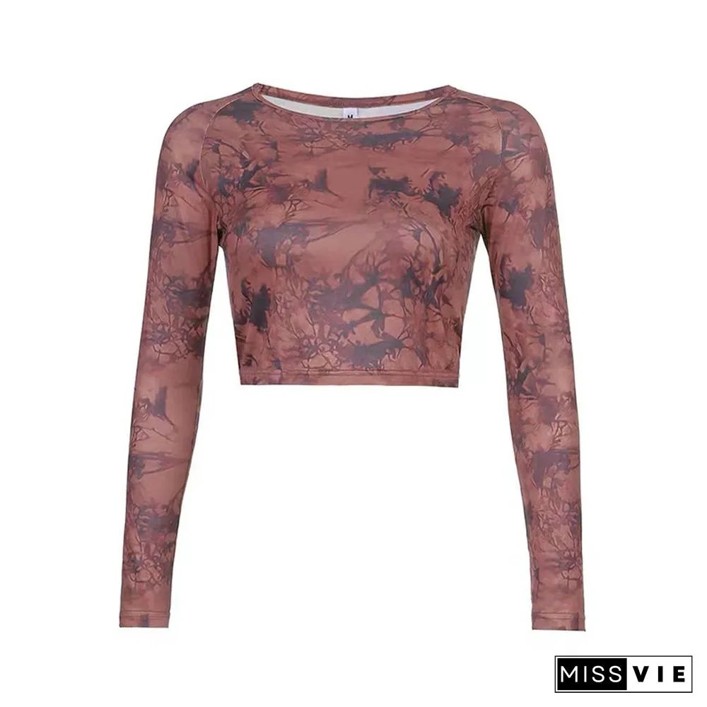 Goth Crop Tops Vintage Brown Tie-dye Printing Long Sleeve T-shirts Slim Pullover Dark Academia Punk Style Women Clothes
