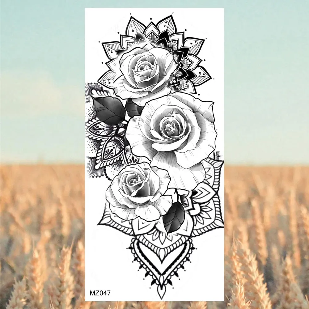 Black Lotus Pendant Temporary Tattoos For Women Adult Rose Flower Jewelry Fake Tattoo Fashion Calf Waterproof Half Sleeve Tatoos