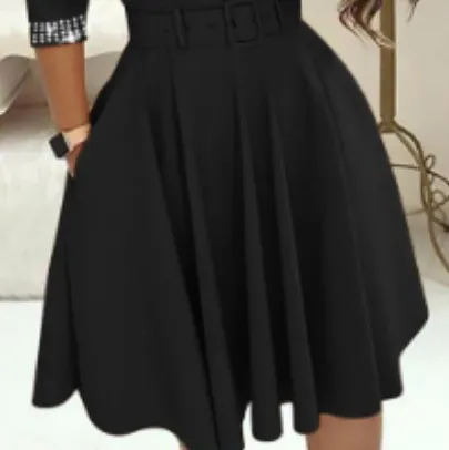 Uveng Uveng Autumn / Winter Temperament Elegant Closed Waist Hot Diamond In The Long Sleeve Solid Color Big Swing V-Neck Dress With A Belt