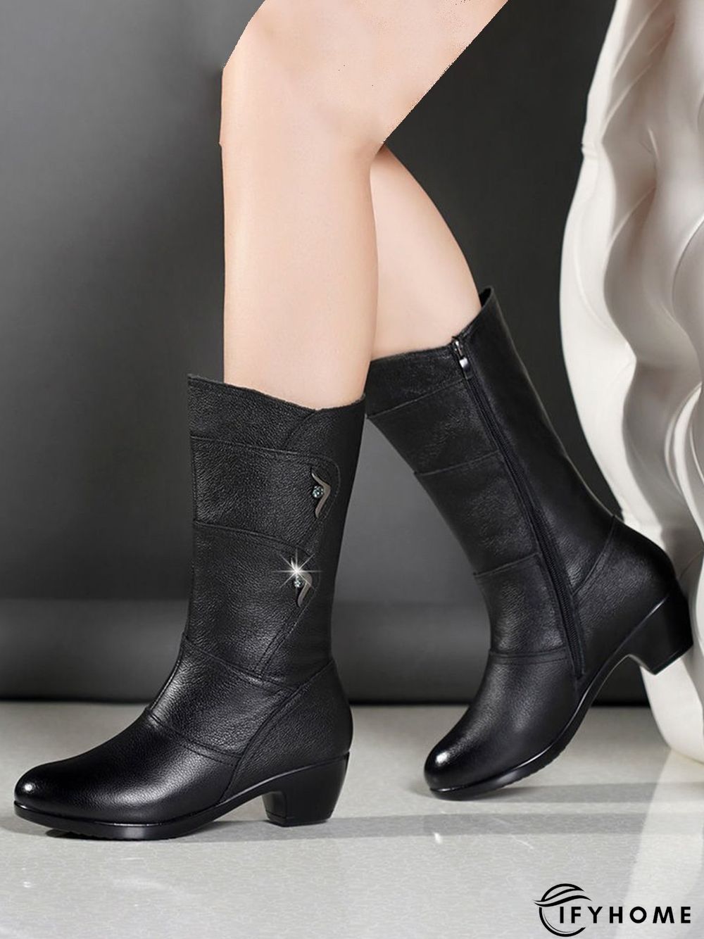 Black Rhinestone Metal Plush Warm Thick Heel Boots | IFYHOME