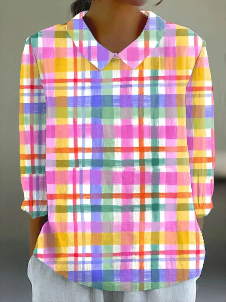 Women's Vintage Abstract Geometric Art Print Casual Cotton And Linen 3/4 Sleeve Shirt