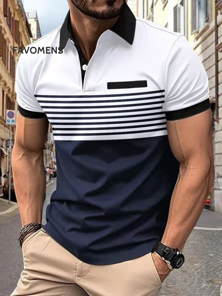 Men&rsquo;s Summer Casual Polo Shirt Chest Pocket V-Neck Button Stripe Splicing Versatile T-Shirt White