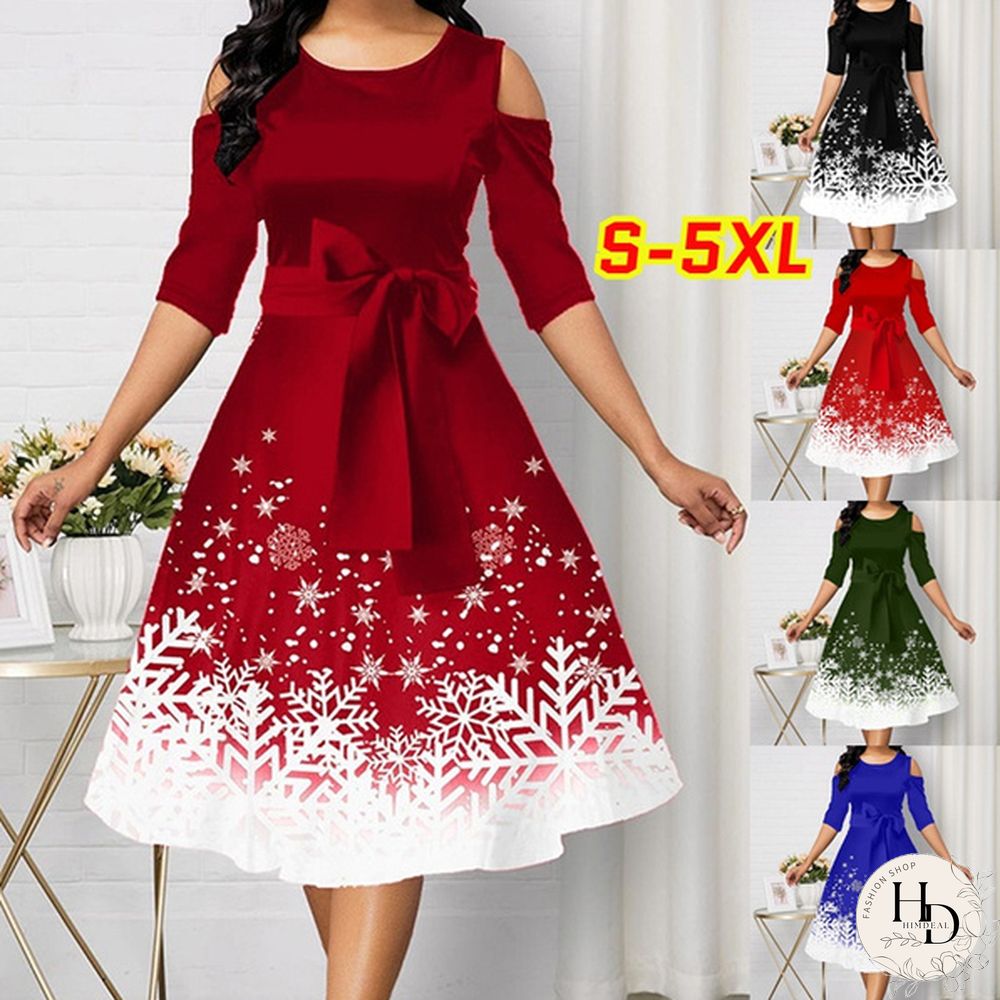 New Arrival Women Belted Snowflake Print Cold Shoulder Round Neck Elegant Dress Plus Size Fashion Christmas Party Dress S-5Xl
