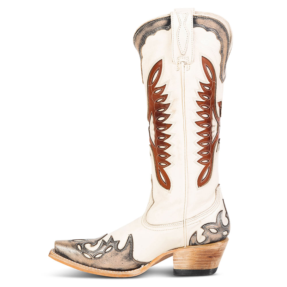 White & Brown Vegan Leather Snip Toe Chunky Heel Knee High Boots