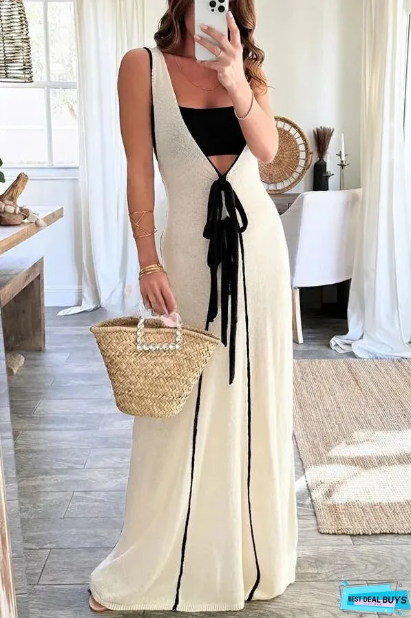 Contrast Self Tie Flowy Oversized Maxi Dress