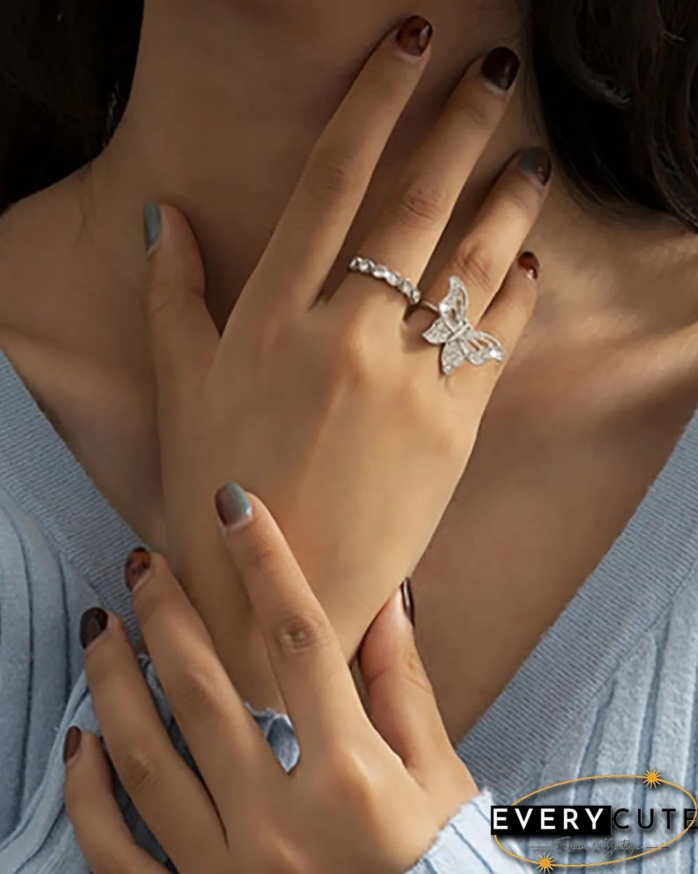 2PCS Rhinestone ButterflyDecor Rings Set