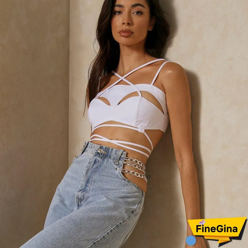 Women Cross Crop Tops Spaghetti Strap Camisole Solid Color Hollow Out Cropped Tanks Summer Tie-up Vest Streetwear