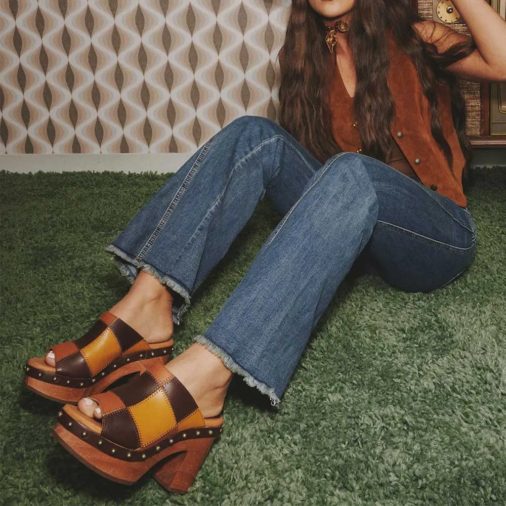 Multicolor Round Toe Stitching Studded Platform Color Block Mules