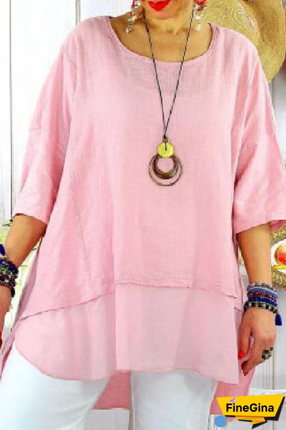 Fashion Street Solid Split Joint O Neck Plus Size Tops