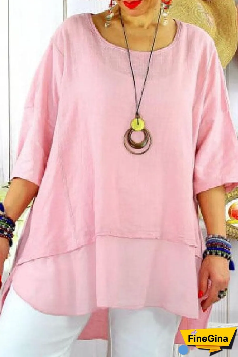Fashion Street Solid Split Joint O Neck Plus Size Tops