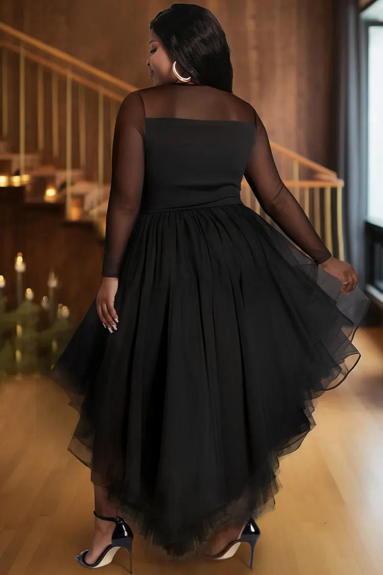 Xpluswear Design Plus Size Cocktail Party Black V Neck Long Sleeve High Low  Hem Ruffle Tulle Mini Dresses - Xpluswear.com