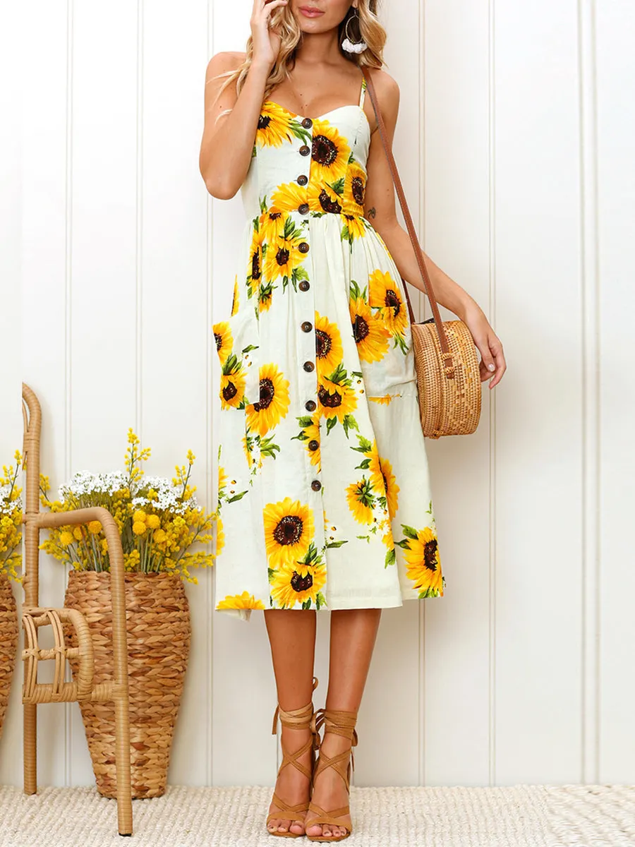 Sunflower Button Pocket Sling Floral Dresses