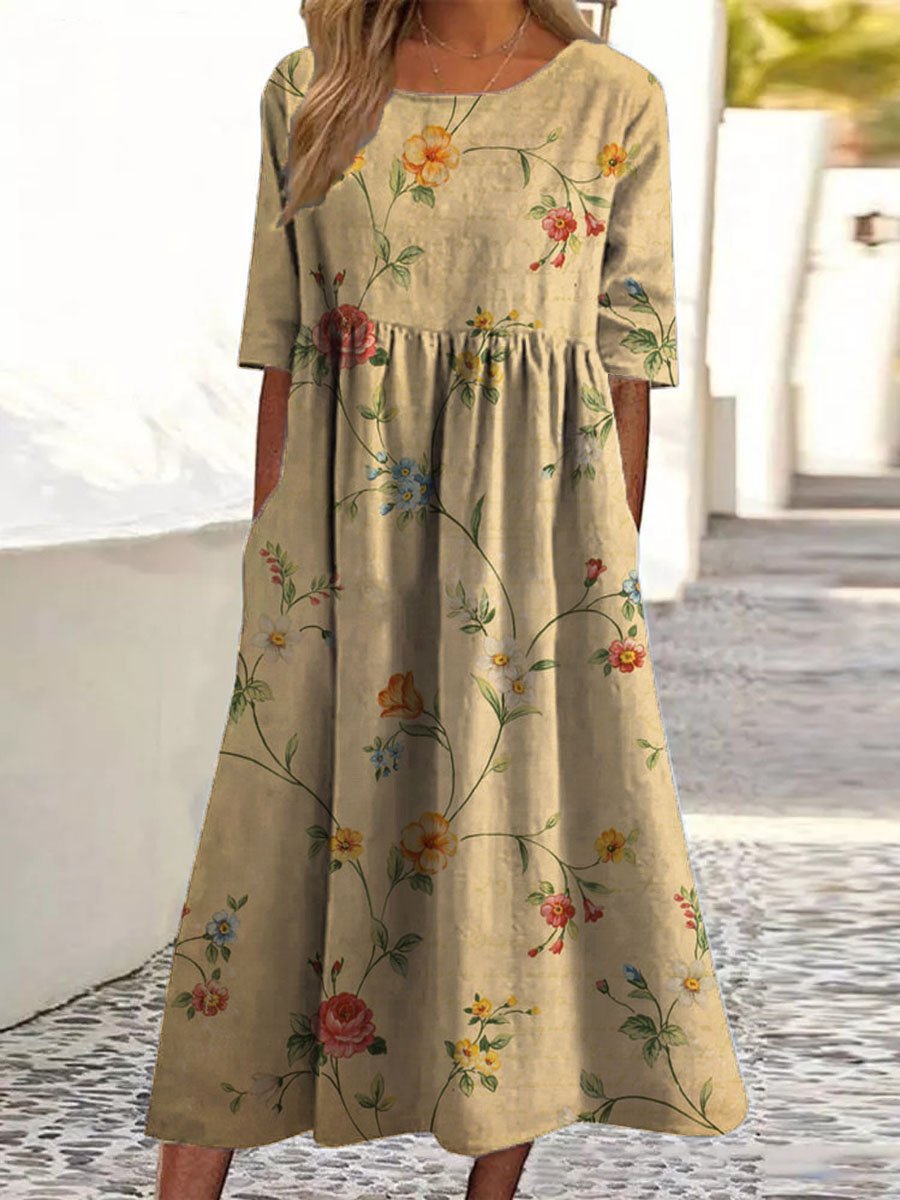 Women's Vintage Floral Art Print Pocket Cotton Dress