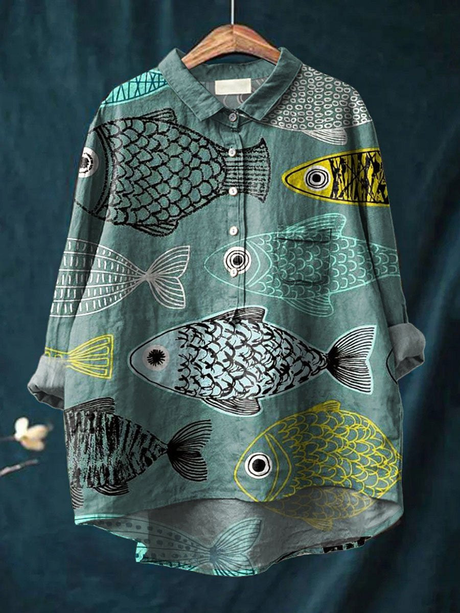 Vintage Lovely Fish Art Print Casual Cotton And Linen Shirt