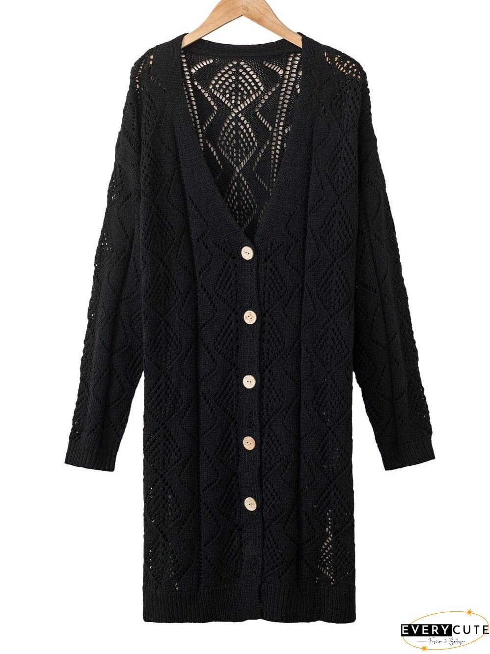 Elegant Black Crochet Knit Openwork Cardigan