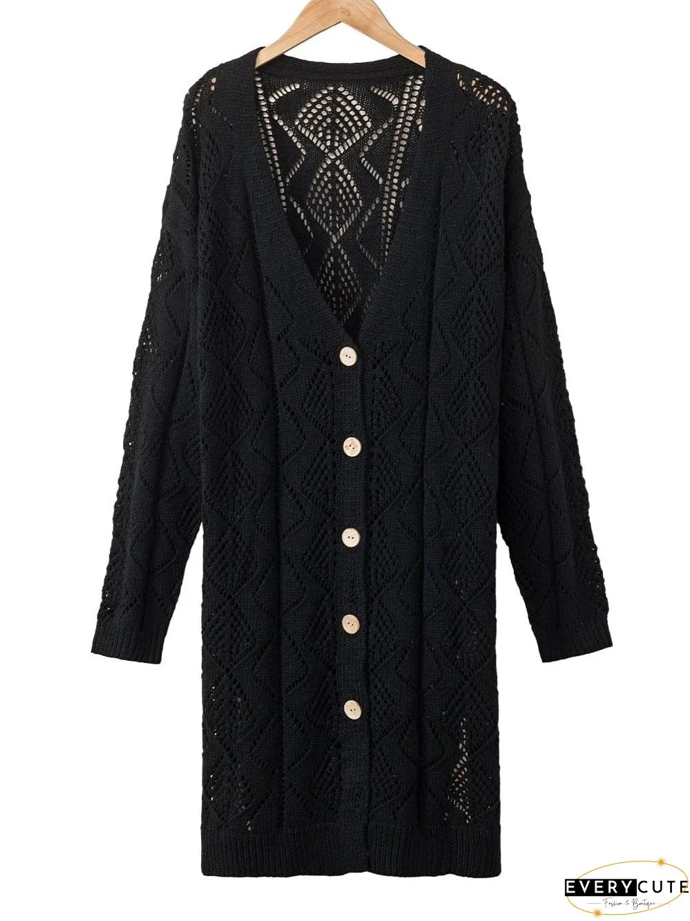 Elegant Black Crochet Knit Openwork Cardigan