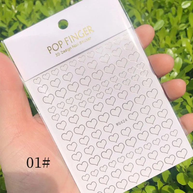 Star Nail Art 3D Stickers Black White Gold Love Hearts Pattern Nail Decals Manicures Nails Design Adhesive Wraps Tip Decoration