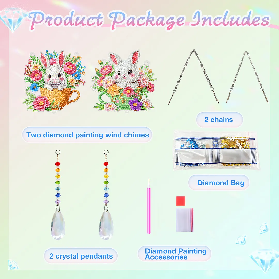 2Pcs Teacup Rabbit DIY Double-Sided Diamond Painting Hanging Kits Diamond Painting Suncatcher Craft Kit for Home Garden Wall Decor Gift