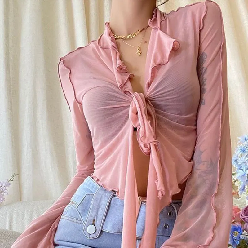 Churchf Churchf Girl Long Sleeve T-Shirt Female New Outside Wear V-Neck Perspective Strap Exposed Navel Slim Slim Cardigan Horn Sleeve Jacket